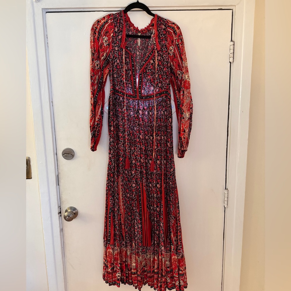 Free People Red and Black Long Sleeve Maxi Dress